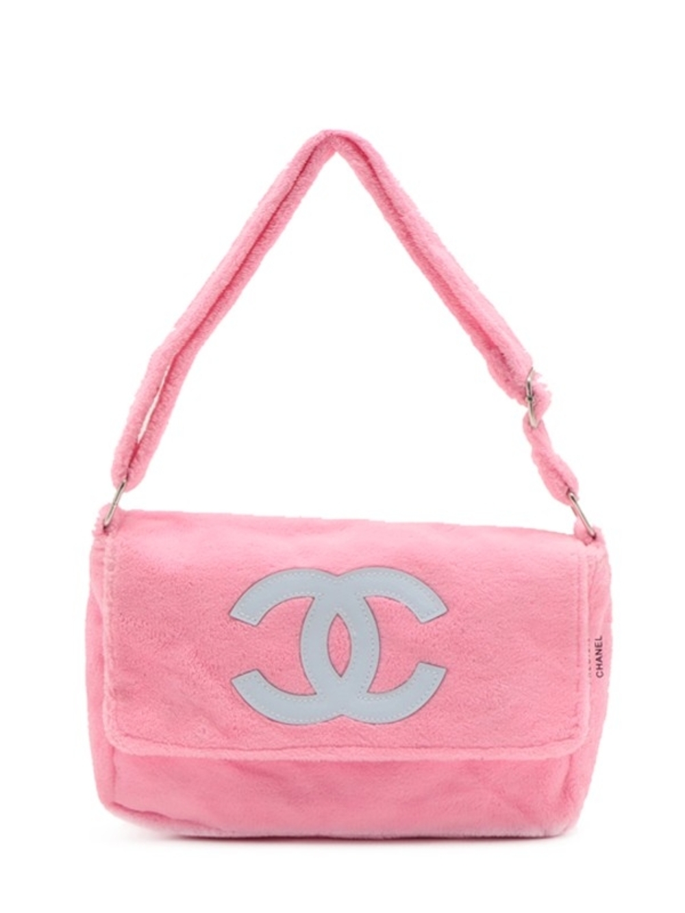 CHANEL Pink Plush Shoulder Bag with Light Gray CC Logo
